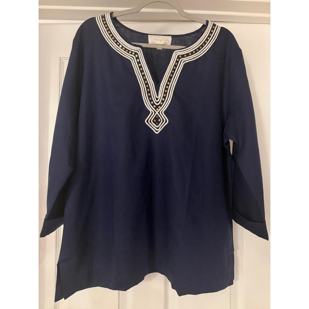 Pappagallo‎ Navy Blue Linen Blend Embroidered Sequin Tunic Top Size XL
